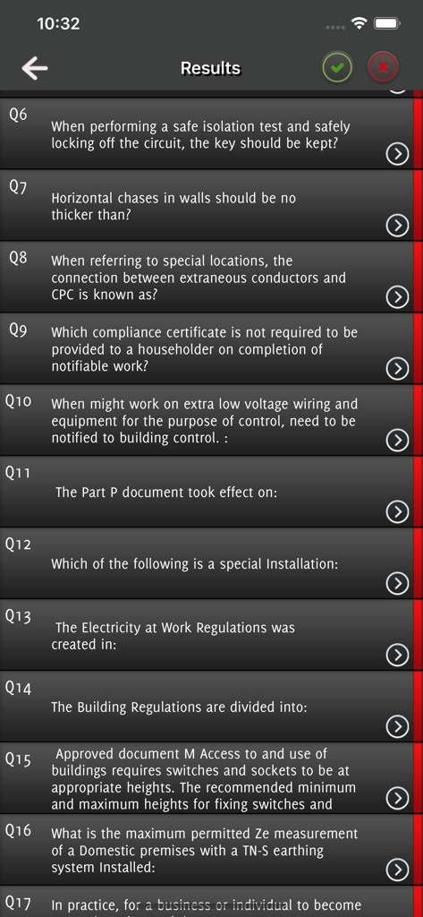 C&G 2393 Part P Exam Test - A list of questions and results in the CG 2393 Part P exam test app