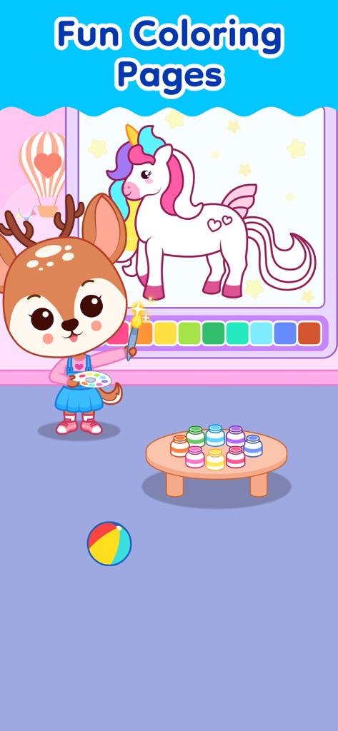 Kids & Toddler Learning Games - A cute deer character using a paintbrush to color a unicorn on a digital canvas in a kids learning app.