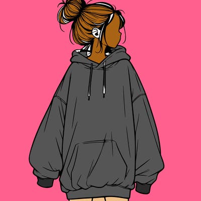 realistic girl with a oversized sweatshirt on and a bun