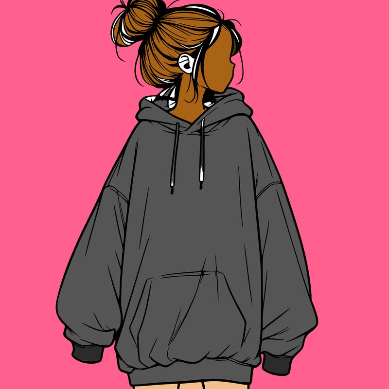 realistic girl with a oversized sweatshirt on and a bun