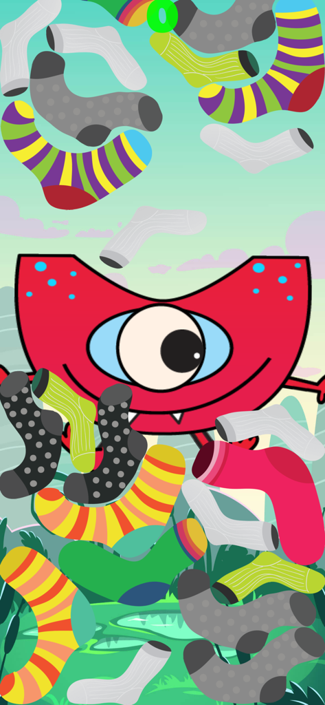 Toddler Monster Pop - Un monstruo amigable de un solo ojo rodeado de calcetines coloridos que caen en un juego para niños pequeños.