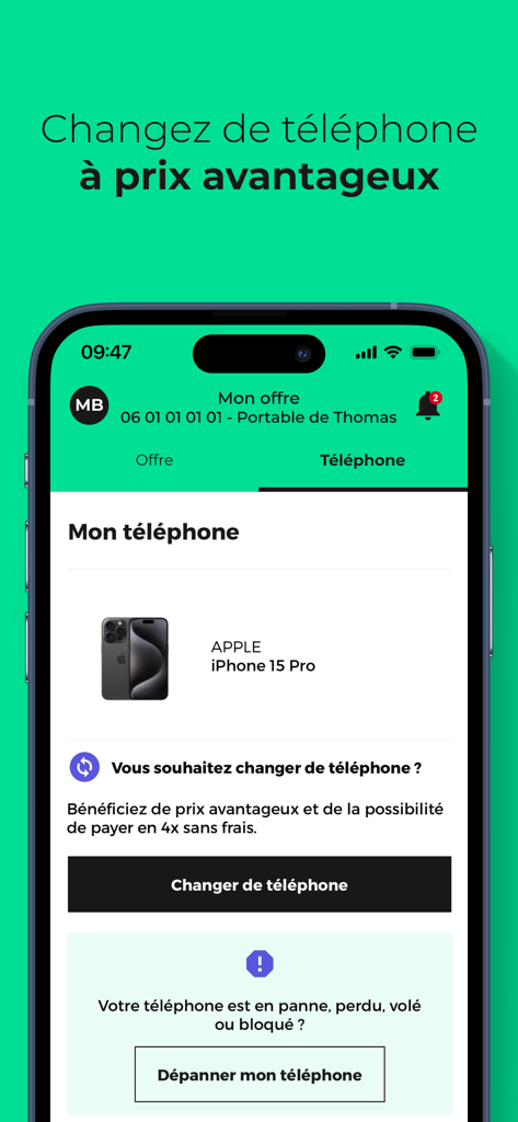 RED & Moi - 電話の変更またはモバイルデバイスのトラブルシューティングオプションを表示するRED & Moiアプリの画面