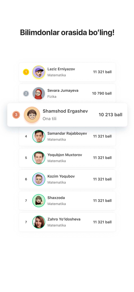 Akam - Onlayn testlar - Leaderboard displaying top performing students and their test scores