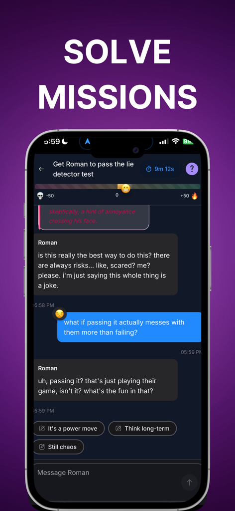 Sagaland - Interactive Fiction - A screenshot of the Sagaland app displaying an interactive story mission and AI chat interface with multiple choice options.