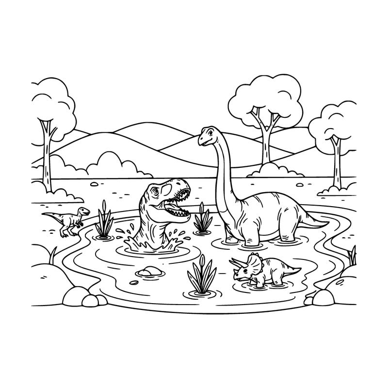 a dinosaur at the bottom of the picture in a pond it should be a small dinosaur and a t. rex and a brontosaurus and one baby dinosaur with three horns