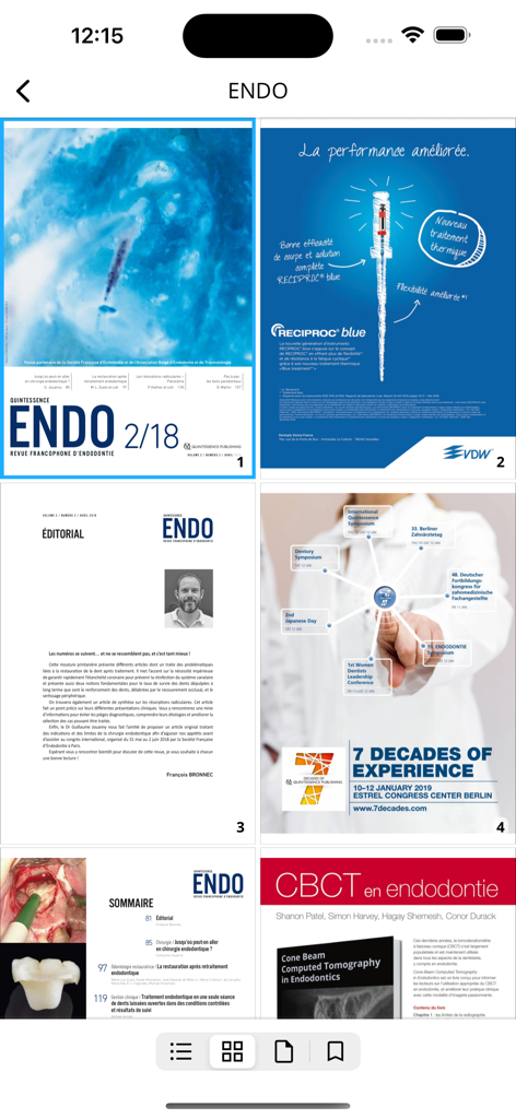 Quintessence Journals - Vista de cuadrícula de páginas de una edición de revista de endodoncia en la aplicación Quintessence Journals