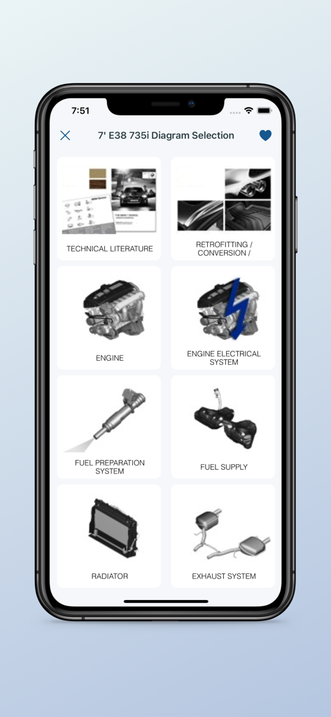 BimmerRefs mobile app screen showing part diagram categories for a BMW E38 735i including engine and exhaust systems