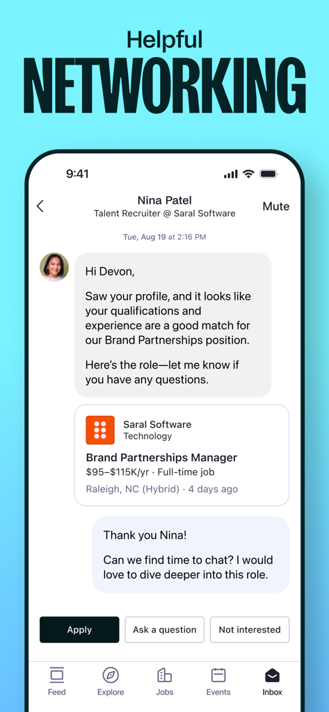 Handshake app messaging interface showing a recruiter contacting a student about a brand partnerships manager role
