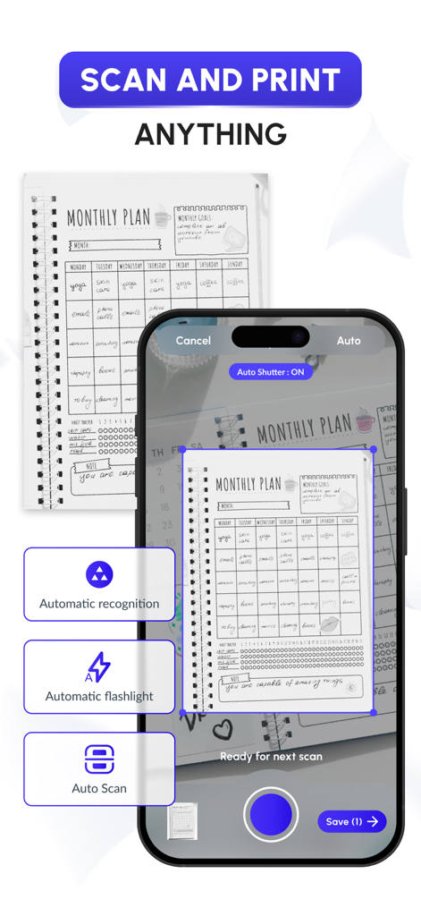 Pantalla de smartphone usando la aplicación iPrint para escanear una agenda en papel con reconocimiento automático y funciones de escaneo automático.