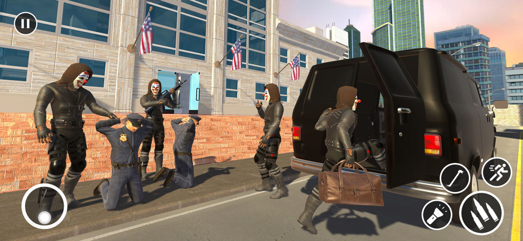 Masked robbers escaping a bank with loot bags while holding police hostage in a 3D action game