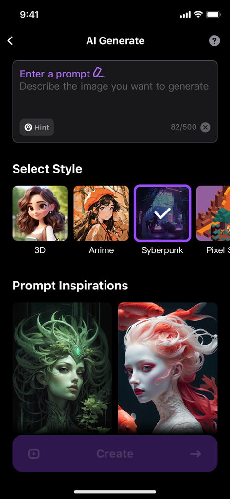 Wallpaper X – 4K HD wallpapers - Interfaz de generación de fondos de pantalla de IA con opciones de estilo en Wallpaper X