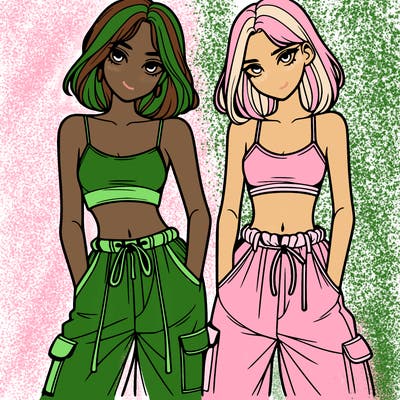 two girls with crop top with baggy pants