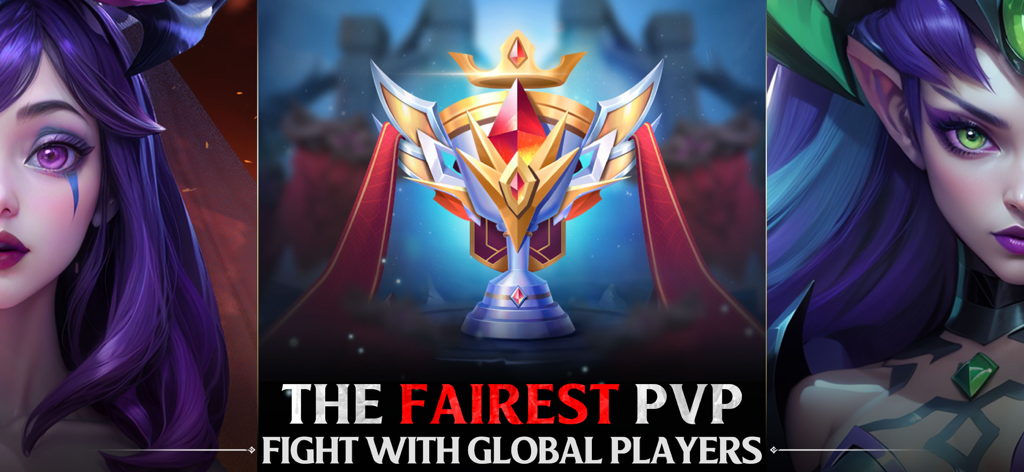 Promotional image for Infinite Magicraid featuring a central trophy and fantasy characters highlighting fair PVP competition with global players