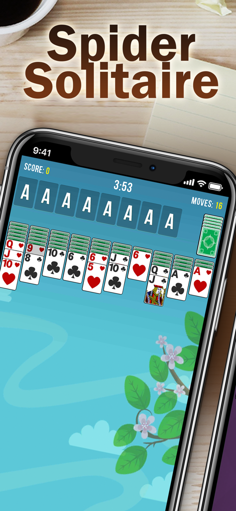 A smartphone screen displaying a game of Spider Solitaire with a floral background.