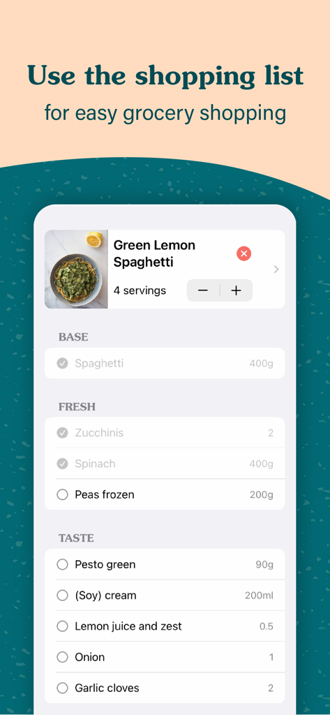 Fork Ranger app shopping list interface for a Green Lemon Spaghetti recipe showing ingredients categorized by base, fresh, and taste.