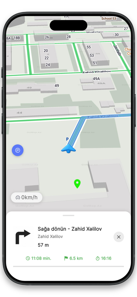AzNav: Your Personal Navigator - Application AzNav montrant la navigation virage par virage et la carte de Bakou, Azerbaïdjan