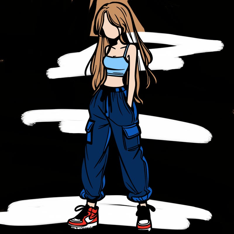 girl in baggy pants crop top and long hair