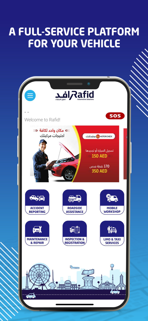 Rafid - Pantalla de inicio de la aplicación móvil Rafid que muestra servicios como notificación de accidentes, asistencia en carretera y mantenimiento.