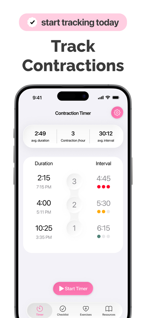 A smartphone screen displaying the interface of a contraction timer app with duration and interval tracking data