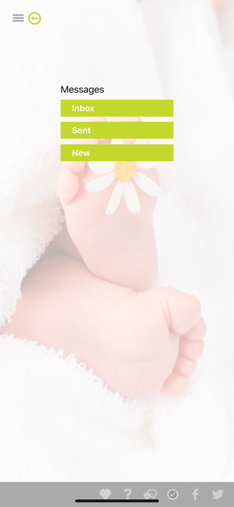 eIVF Patient - Screenshot of the messages section in the eIVF Patient app featuring buttons for inbox sent and new messages over a soft background of baby feet
