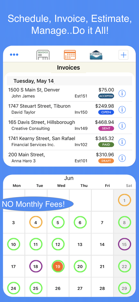 Interface of an electrician app showing a list of recent invoices with payment status and a monthly job schedule calendar