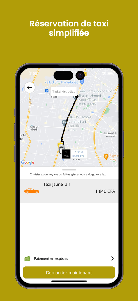 Okalm - Okalm app screen showing a taxi booking interface with map route and price in CFA