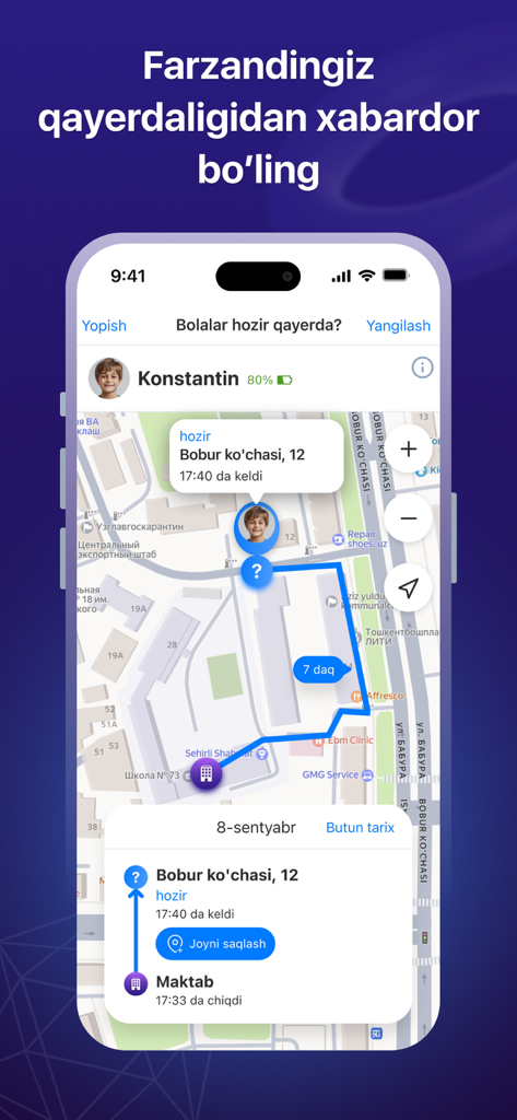 Interface of the eMaktab.Oila app showing a real-time map with a child's location and movement history.
