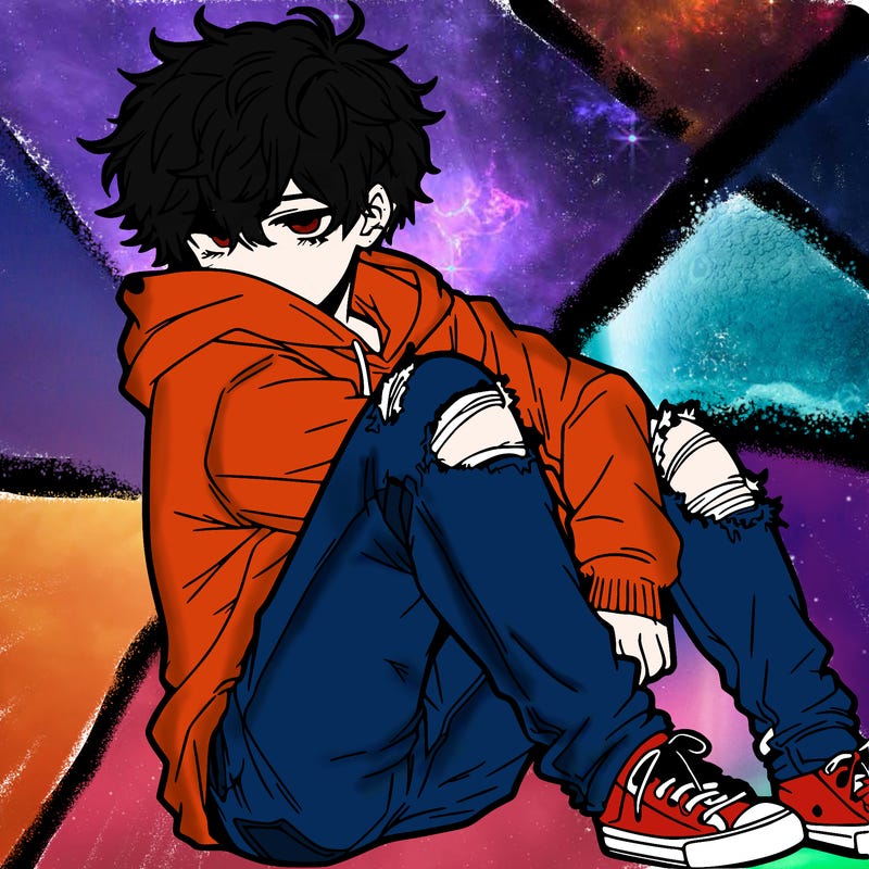 a male hoddie ripped jeans messy hair anime