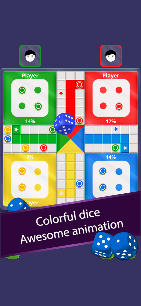 Digital Ludo board game with colorful tiles and rolling blue 3D dice.