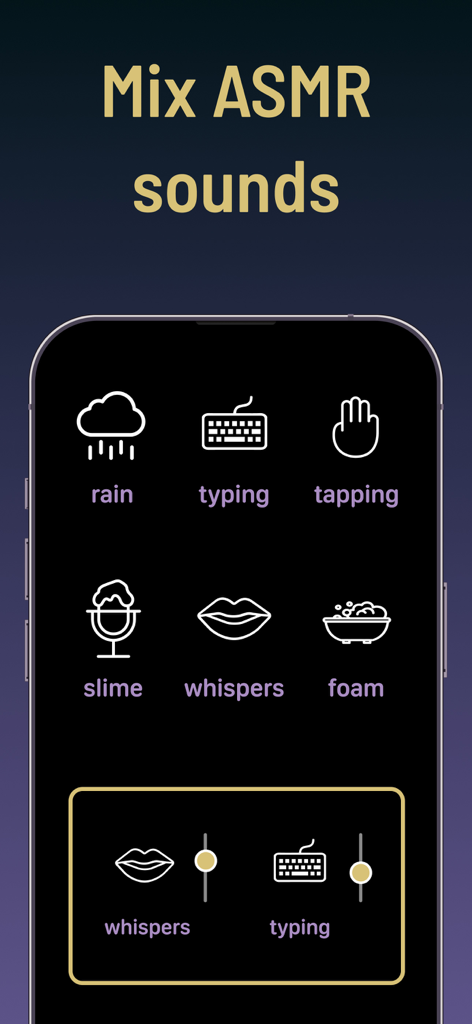 Interfaz de la aplicación ASMR DJ que muestra un mezclador de sonido con iconos de lluvia, golpecitos y controles deslizantes de volumen para mezclas personalizadas