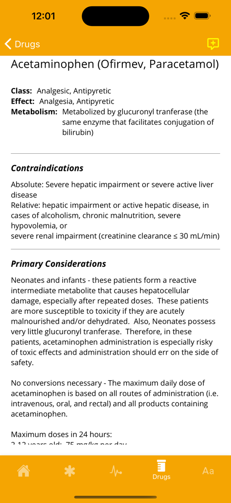 Master Anesthesia - Screenshot of Master Anesthesia app displaying pharmaceutical information and contraindications for Acetaminophen.