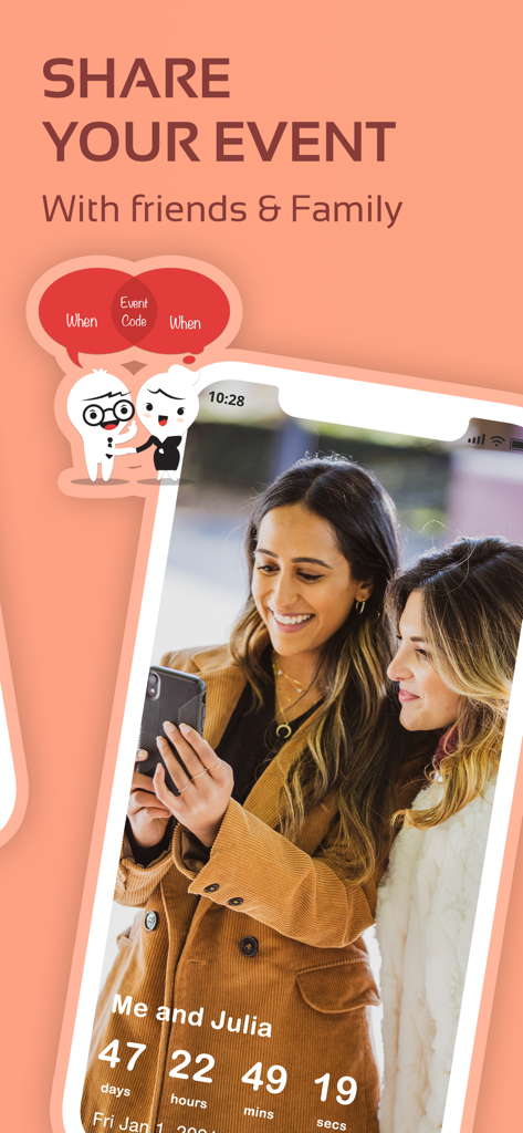 Countdown Widget Maker - Dos amigos mirando un evento de cuenta regresiva personalizado en la pantalla de un smartphone.