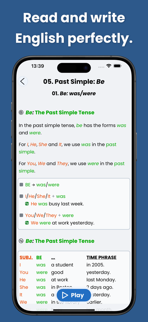 English Grammar Star: Games - Smartphone screen showing an English grammar lesson about the past simple tense of the verb be with examples and conjugation rules.