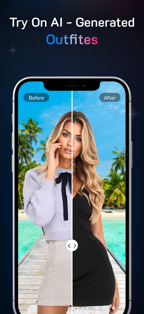 Clothes Changer: Try On Outfit - Comparación de antes y después que muestra a una mujer probándose diferentes atuendos usando IA en una interfaz de aplicación móvil.