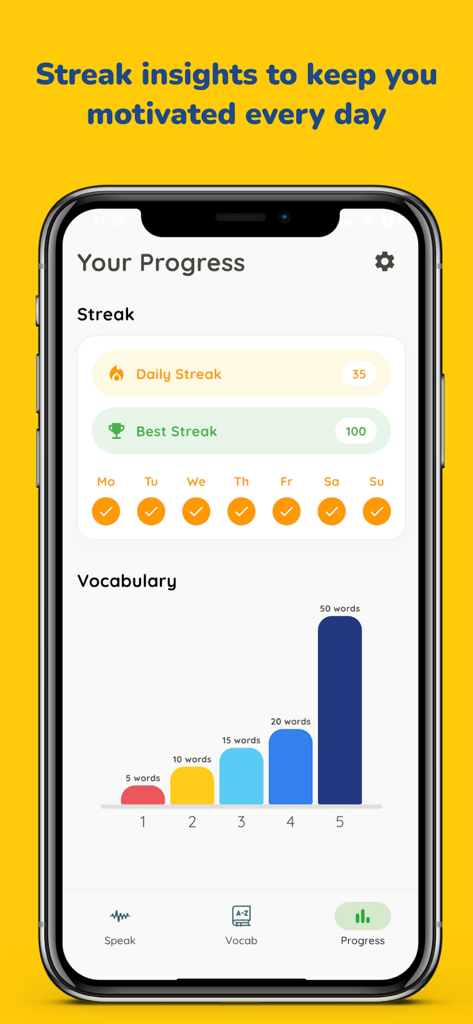MochiKaiwa - Speak Japanese - MochiKaiwa app dashboard showing daily learning streaks and a vocabulary growth bar chart