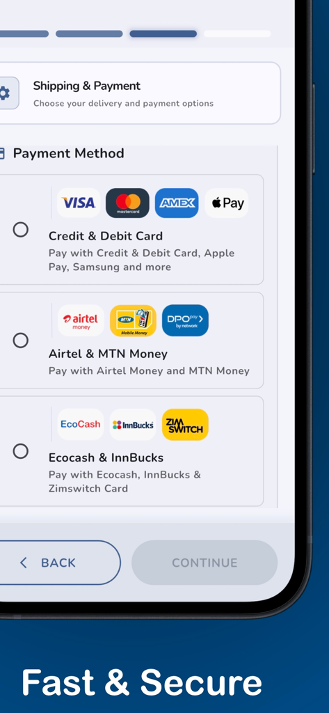 Raines Africa - Raines Africa app payment selection screen featuring credit cards and local African mobile money options