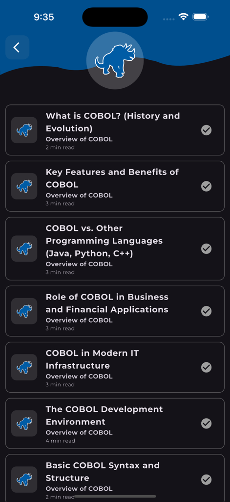 Learn COBOL Programming - Un elenco di lezioni di programmazione COBOL, inclusa la storia e le funzionalità, nell'interfaccia dell'app mobile