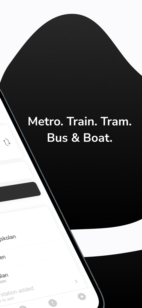 Sthlm Travel app showing public transport options including metro train tram bus and boat