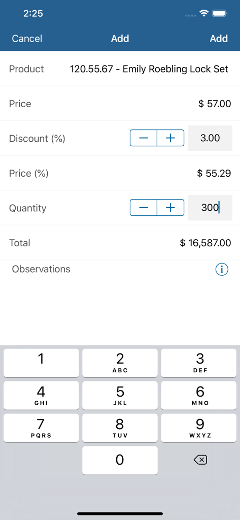 Negotti - Interface do aplicativo Negotti para entrada de pedido de vendas mostrando detalhes do produto, descontos e cálculo do total