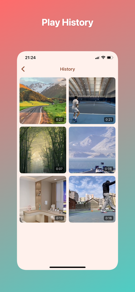 Video playback history screen in the Framo app showing thumbnails of various clips for frame by frame analysis.