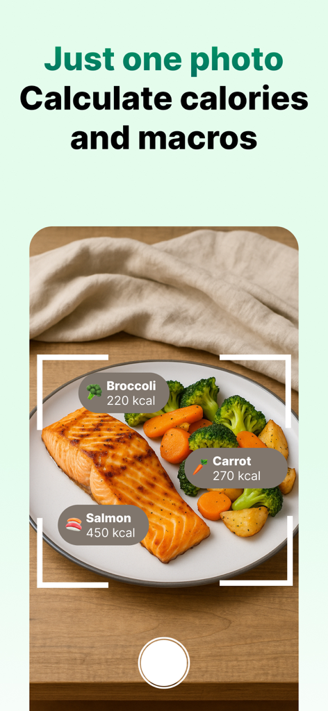 Interfaccia dell'app AI Food Scanner che mostra calcoli di calorie e macro da una foto di un pasto