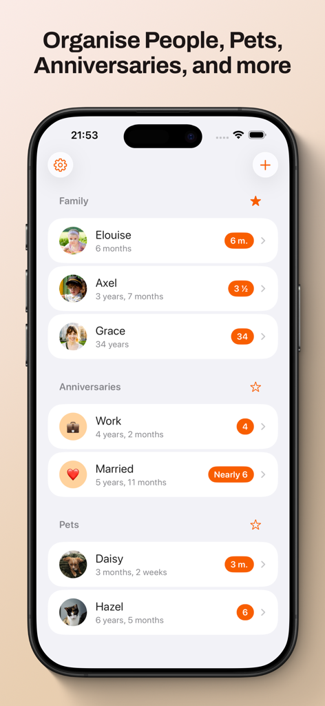 Gammel app dashboard displaying organized age tracking for family members, anniversaries, and pets.