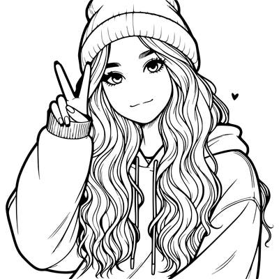 a teenage girl in a beanie, oversized sweatshirt, wavy long hair, and is showing a ✌️