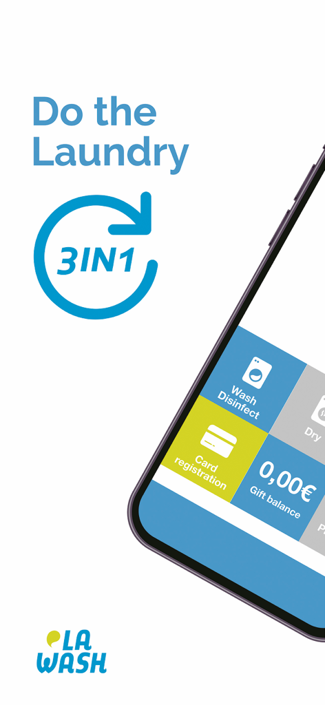 LAWASH - Interfaccia dell'app mobile LAWASH che mostra le opzioni per il lavaggio, la disinfezione e la registrazione della carta