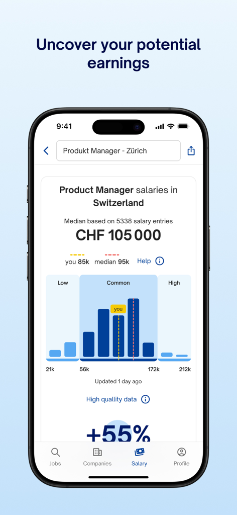jobs.ch – Job Search - 스위스 취리히의 제품 관리자 직책을 위한 연봉 추정기 도구를 보여주는 앱 화면