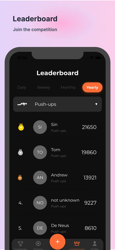 Tela de placar do aplicativo Desafios PushUP exibindo rankings anuais de flexões.