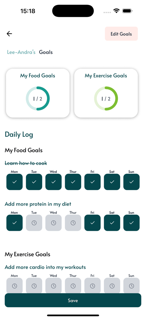 Health-e Simplified app interface showing personalized food and exercise goal tracking with a daily activity log.