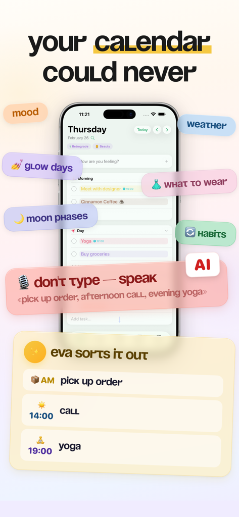 Calendar & Daily Planner - Eva - Eva Kalender-App-Oberfläche mit KI-Spracheingabe und Lifestyle-Tracking-Funktionen