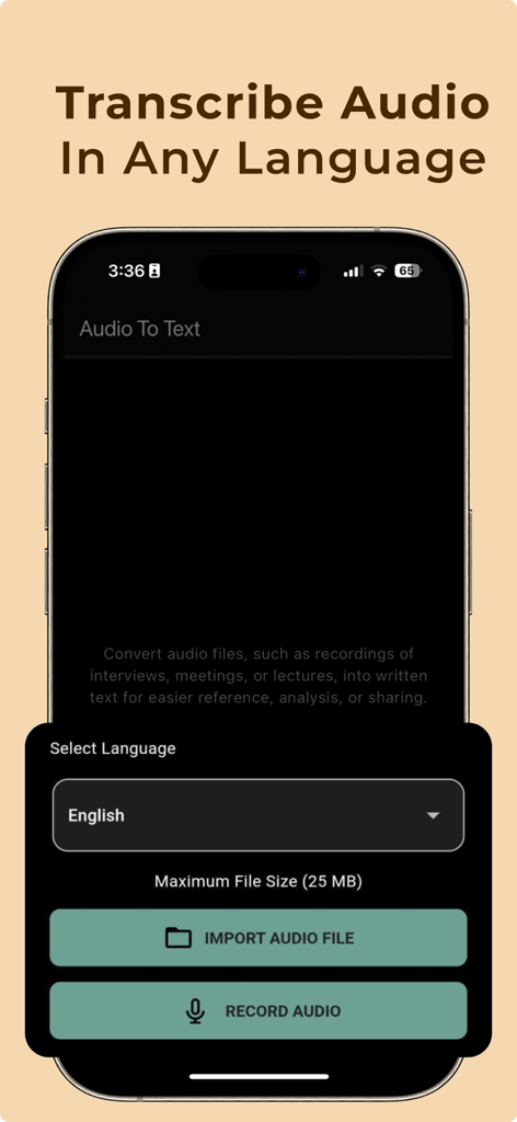 Whisper: AI Chat bot Assistant - Whisper AI app screen showing audio to text transcription interface with record and import buttons