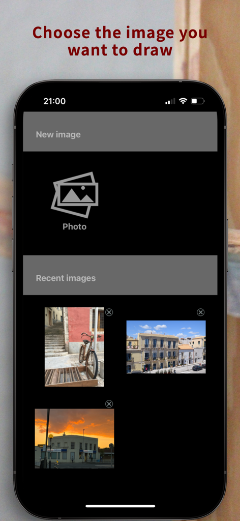 Interface of the Sketch Grid app for choosing a new or recent photo to use as a drawing reference